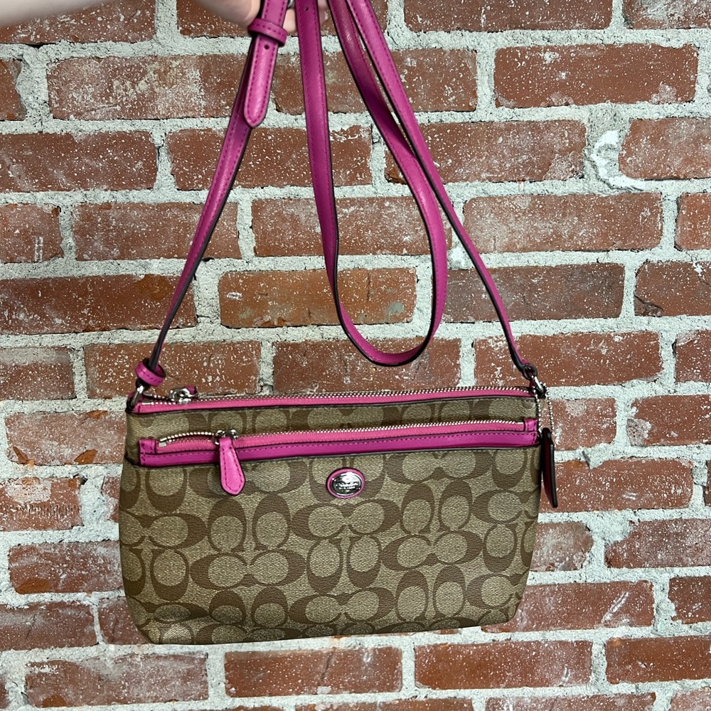 COACH signature series coated canvas crossbody purse pink and tan